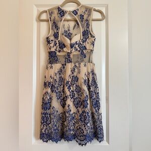bebe Beige Dress with Blue Floral Lace Overlay